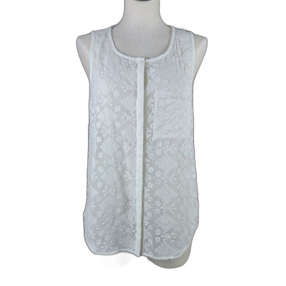 Pleione White Embroidered Semi-Sheer Sleeveless Boho Top S Summer Beachy